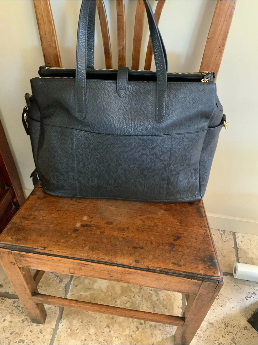 Cuyana Black Leather Triple Zipper Travel Tote with Gold Hardware Accents